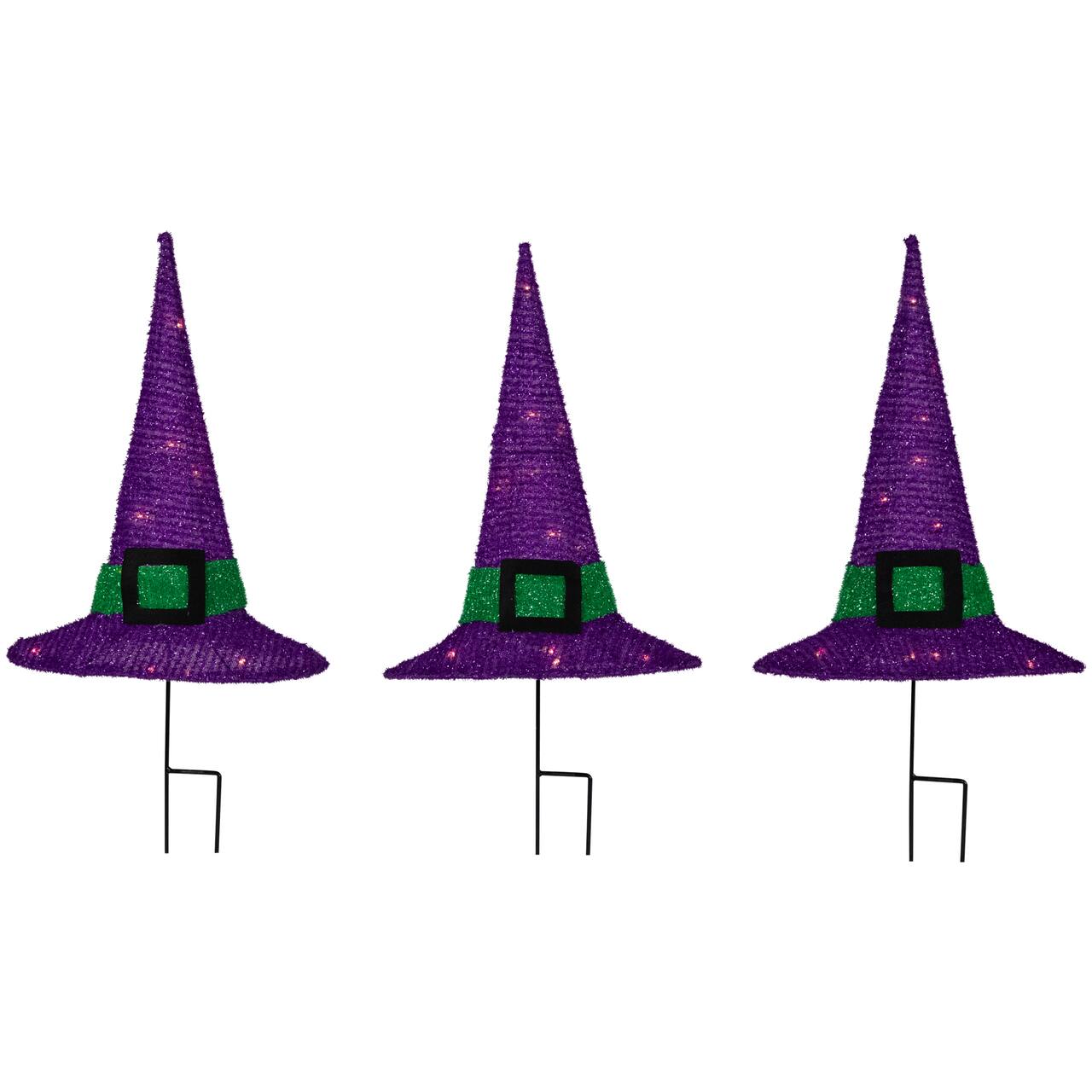 14" LED Lighted Purple Witches Hat Outdoor Halloween Pathway Markers, 3ct.